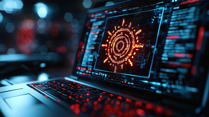 Fototapeta premium photorealistic image of laptop displaying digital graphic with vibrant colors and intricate patterns, evoking sense of technology and innovation
