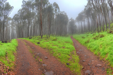 Naklejka premium A mystical forest path splits in two, disappearing into a mist-filled clearing.