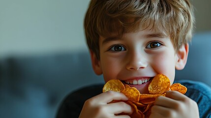 Portrait of a Young Boy Smiling and Eating Chips
