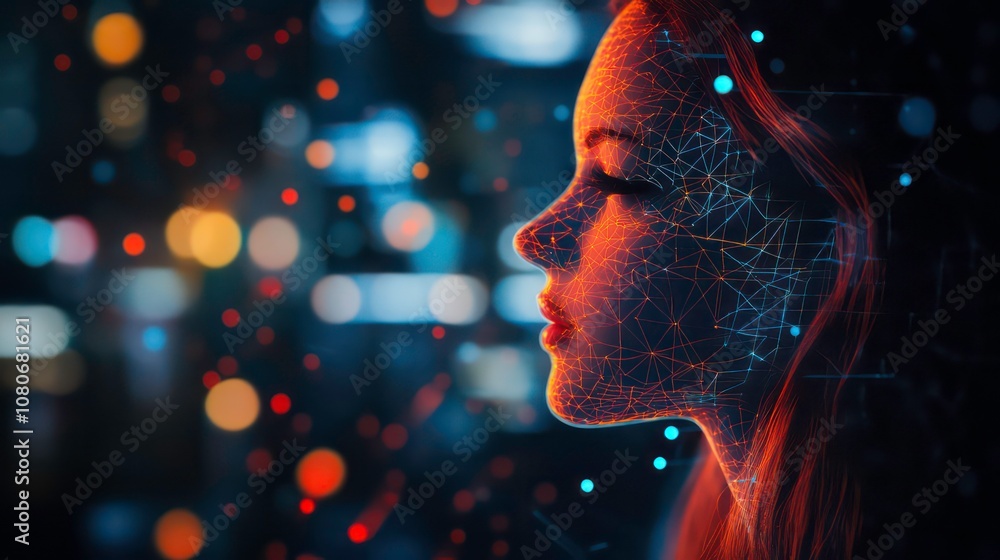 Poster Futuristic Visualization of Female AI Interface Profile with Illuminated Wireframe and Digital Network Concept -