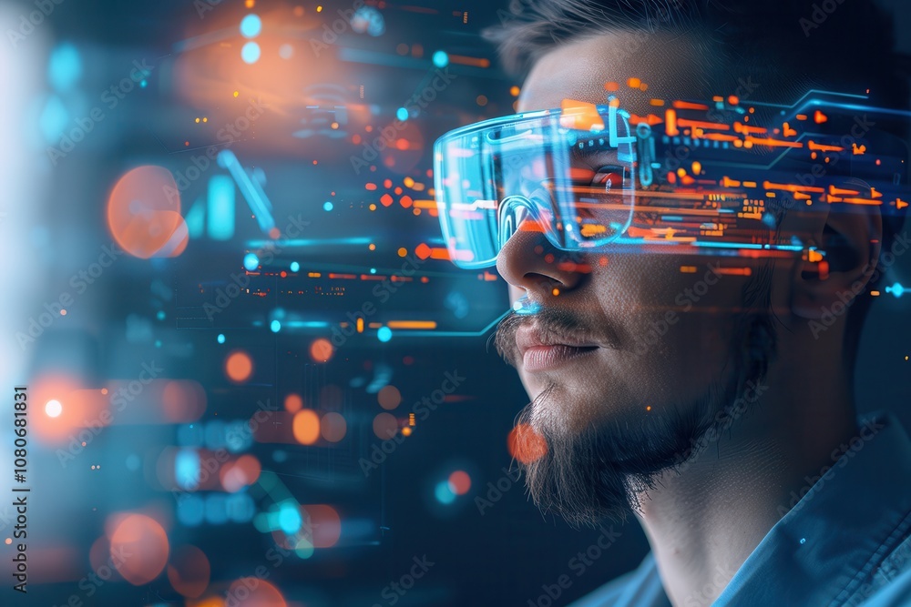 Poster close-up of a man wearing augmented reality glasses, surrounded by digital data visualizations and f