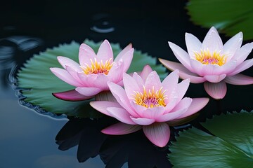Three beautiful pink water lilies bloom on dark water, surrounded by lush green leaves, creating a serene and peaceful scene.