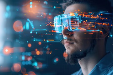 Close-up of a man wearing augmented reality glasses, surrounded by digital data visualizations and futuristic interface elements, symbolizing advanced technology and innovation.