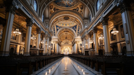Fototapeta premium Interior of an ornate cathedral with high vaulted ceilings, intricate architectural details, chandeliers, and rows of pews leading to an altar.