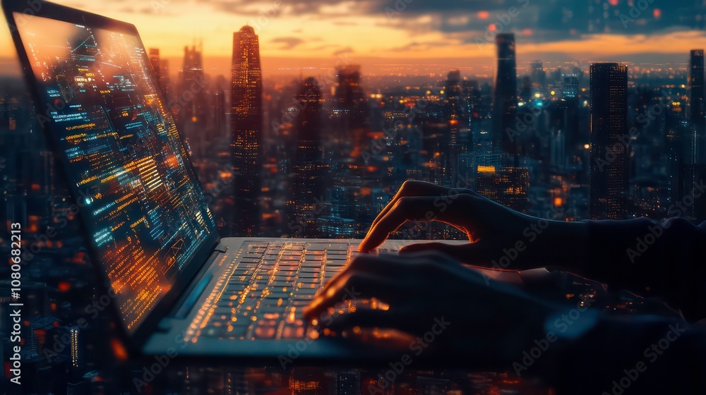 Aufkleber hands typing on a laptop computer with a city skyline at sunset in the background.
