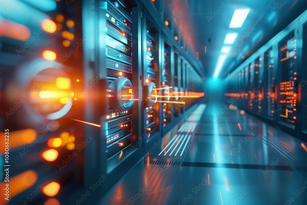 Poster long corridor in a data center with rows of illuminated server racks, symbolizing modern data storag