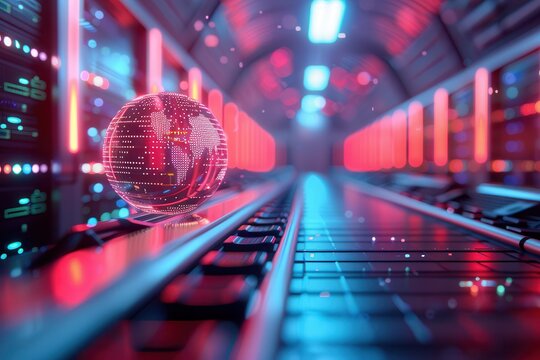 A digital hologram of the globe sits on a keyboard in a futuristic data center with neon lights, representing global connectivity and technology.