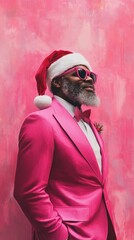 Stylish black man wearing pink suit and santa hat celebrating christmas