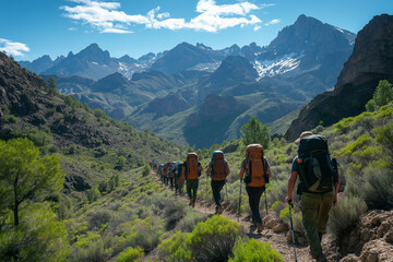 Fototapeta premium a group of friends hiking up a mountain trail on a sunny day