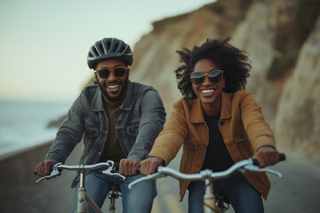 Obraz premium a couple riding bikes together on a scenic path, enjoying an active lifestyle