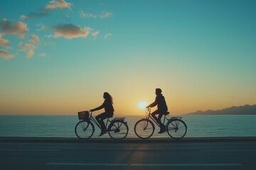 Obraz premium a couple riding bikes together on a scenic path, enjoying an active lifestyle