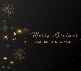 Christmas background with shiny gold snowflakes and stars  on black ,celebration banner