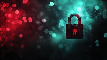 Colorful digital security concept with padlock on red and blue bokeh background