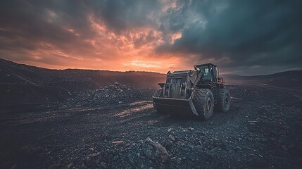 Heavy construction vehicle working in a rugged quarry during a dramatic sunset with clouds and shadows creating a striking industrial landscape
