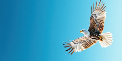 Naklejka premium Eagle flying in the blue sky. Free space for text. Big bird with spread wings the bird is hovering in the air. Bird's eye view. Symbol of freedom and independence. Generated by AI