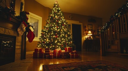 Fototapeta premium Beautifully decorated Christmas tree with glowing lights and colorful ornaments, presents arranged underneath
