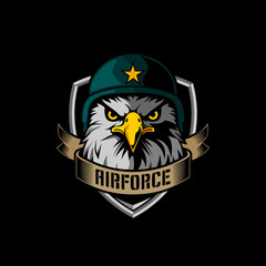Eagle logo design, eagle wearing military helmet in shield and banner logo design vector.