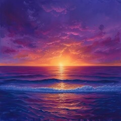 Fototapeta premium A vibrant sunset over a calm ocean, with a deep purple sky and golden sunlight reflecting on the water.