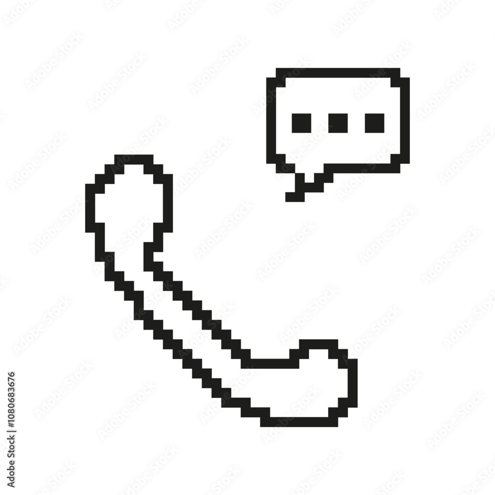 Poster pixelated phone receiver with speech bubble icon. communication and call symbol in pixel art style. 