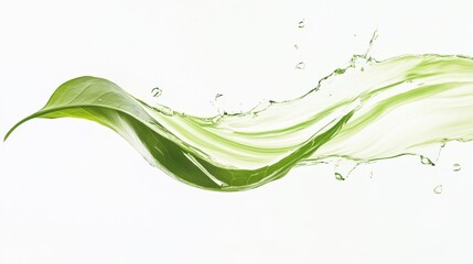 Green leaf with swirling water droplets on a white isolate background.