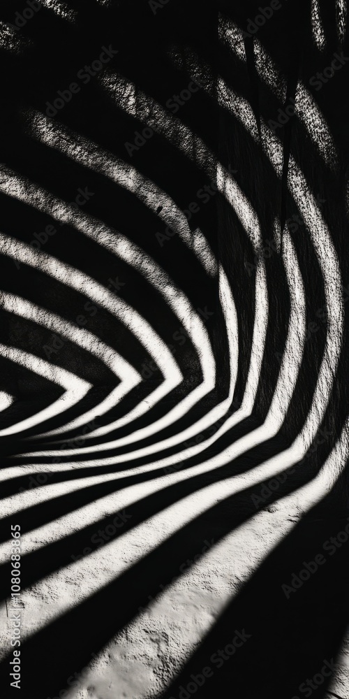 Poster Intriguing abstract image of black and white shadow patterns forming dynamic curves on a textured surface.