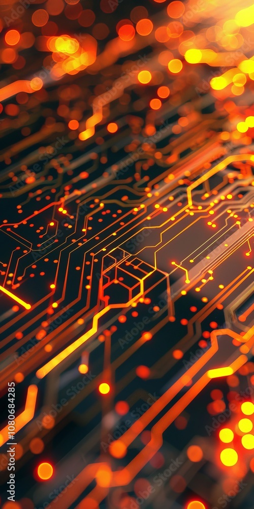 Poster close-up of a glowing circuit board with intricate patterns and vibrant orange lights, symbolizing t