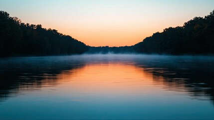 Fototapeta premium A serene river at dawn, reflecting vibrant hues of orange and blue, surrounded by lush greenery and gentle mist.