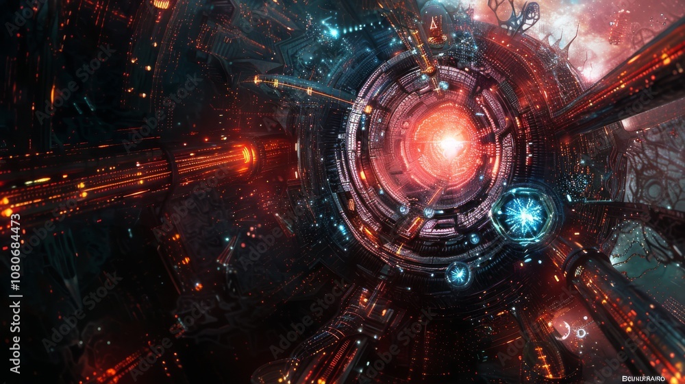 Poster a colorful space scene with a red glowing object in the center. the image is a computer generated ar