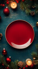 Red plate with christmas decoration on teal background for holiday dinner
