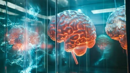 Three illuminated brain models display intricate neural connections inside a modern laboratory setting during a scientific exploration