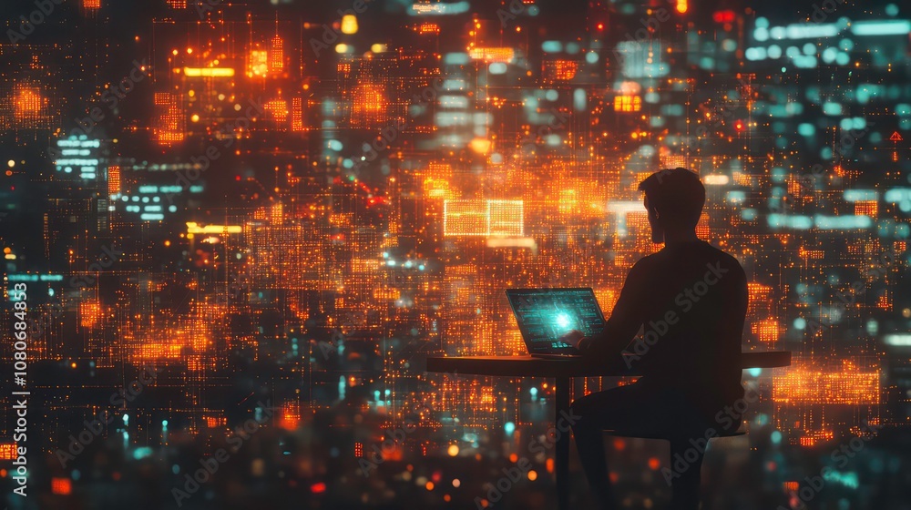 Leinwandbilder futuristic internet network big data digital technology - man using laptop and mobile in smart city 