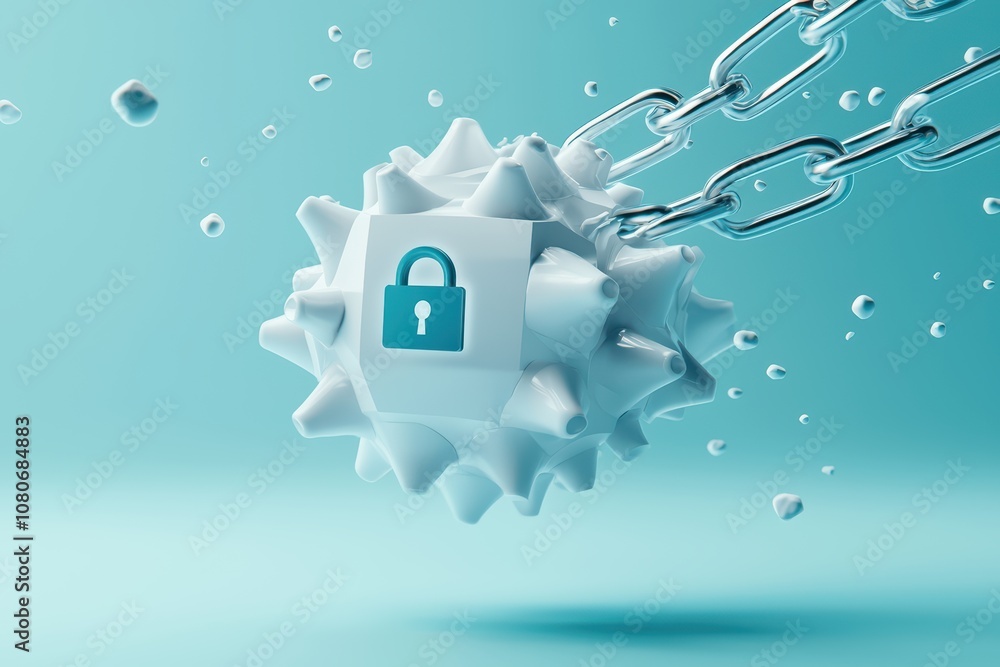 Poster 3d illustration of a secure shield symbol embedded in a virus model with chains, representing cybers