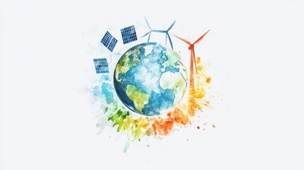 Naklejka premium Illustration of Earth with renewable energy symbols in vibrant colors.