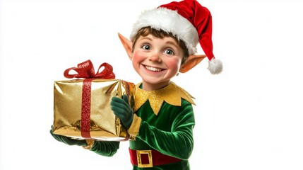 Cheerful Christmas Elf Holding a Shiny Wrapped Gift with a Bright Smile, Ready to Spread Holiday Joy and Festive Cheer to Everyone Around