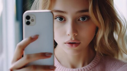 Happy attractive young adult woman selfie in front of a mirror