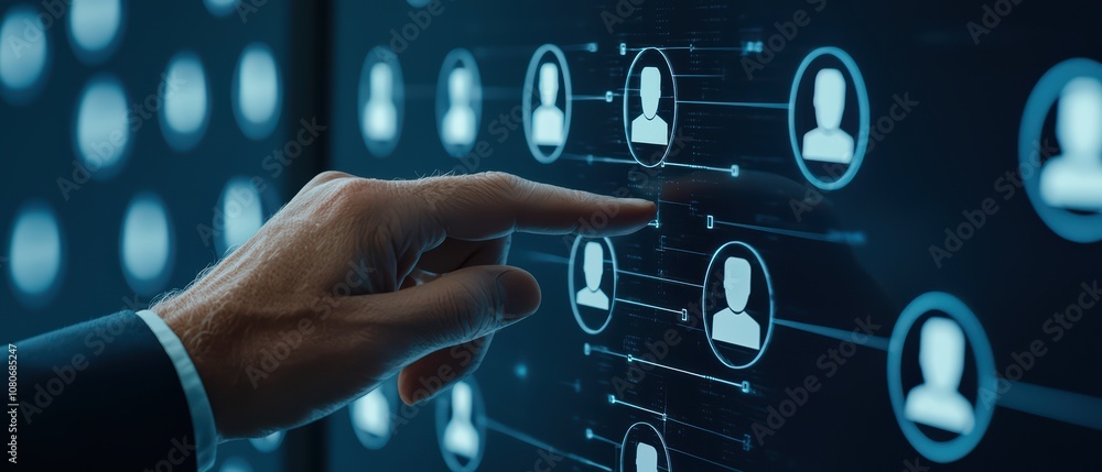 Poster a business professional interacts with a digital network interface, showcasing advanced technology i
