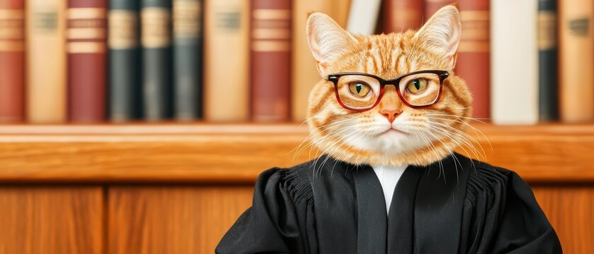 A cat dressed as a judge sitting in a court, showcasing a humorous take on the legal profession.