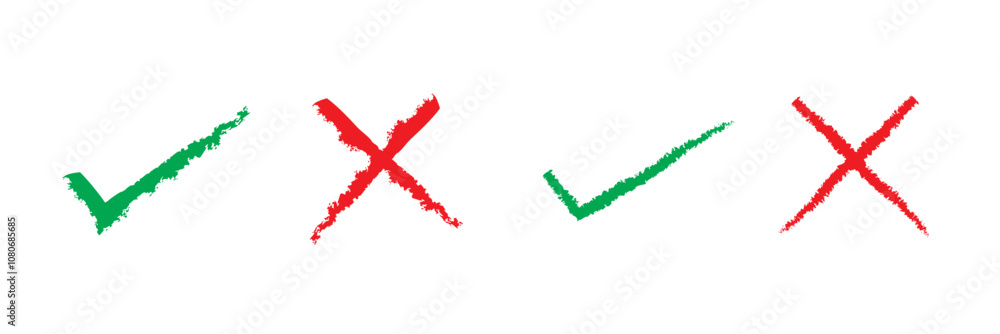 Poster hand drawn checklist symbols. green check mark and red cross mark vector icons