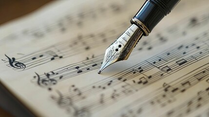 A silver fountain pen on a sheet of music
