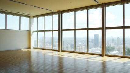Fototapeta premium Spacious Modern Room with Panoramic City View: Perfect for Living, Working, or Meditating