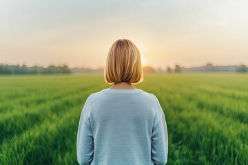 A person stands in a vibrant green field, gazing at a serene sunset, embodying peace and reflection in nature.