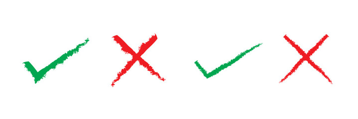 Hand drawn checklist symbols. Green check mark and red cross mark vector icons