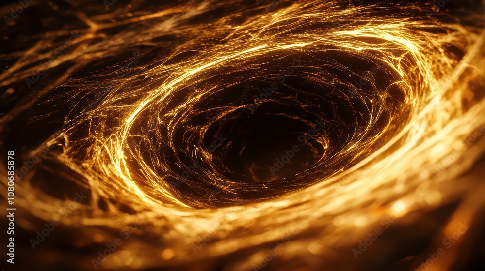 Poster a dynamic swirl of golden light creating an abstract vortex against a dark background.