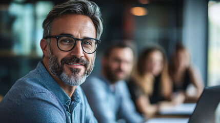 A collaborative business meeting takes place in a modern office with professionals discussing strategies and insights in the afternoon