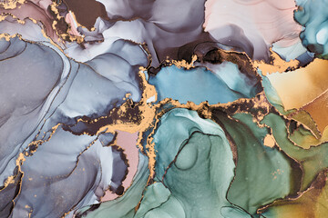 Swirls of color and veins of metallic gold form a flowing, abstract design, sense of movement and transformation. Fluid art, organic shapes and liquid ink textures, create of luxury and natural beauty