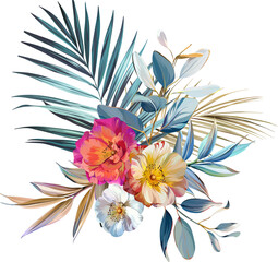 Fototapeta premium Bouquet of tropical flowers. Hibiscus, orchid, heavenly flowers, palm tree, monstera, eucalyptus. exotic, tropical