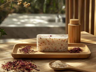 Fototapeta premium wellness product displayed on bamboo tray, featuring salt block surrounded by dried flowers and herbs, creating serene atmosphere