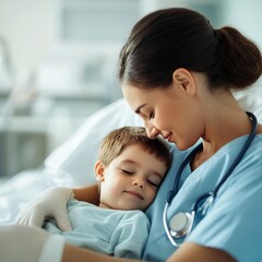 Fototapeta premium Pediatric nurse calming a child before anesthesia, comfort, pediatric care