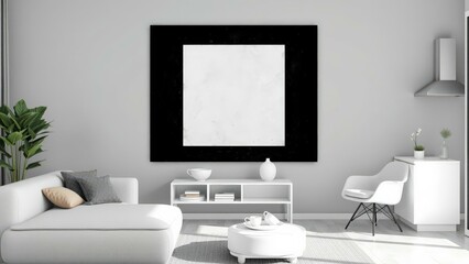 Modern Minimalist Living Room with White Furniture and Black TV Frame, Perfect for Contemporary Home Decor