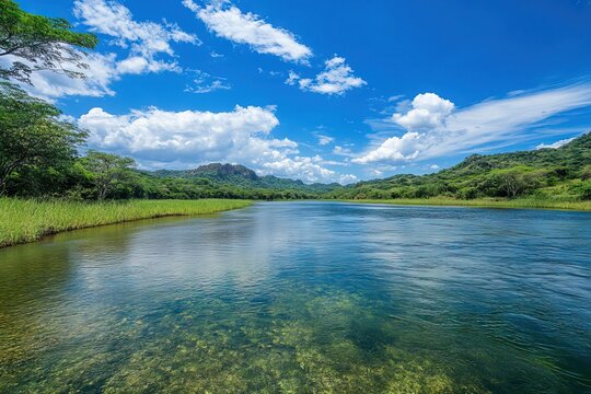 Blue sky clear water of the river with green grass on both sides horizontal photograph
